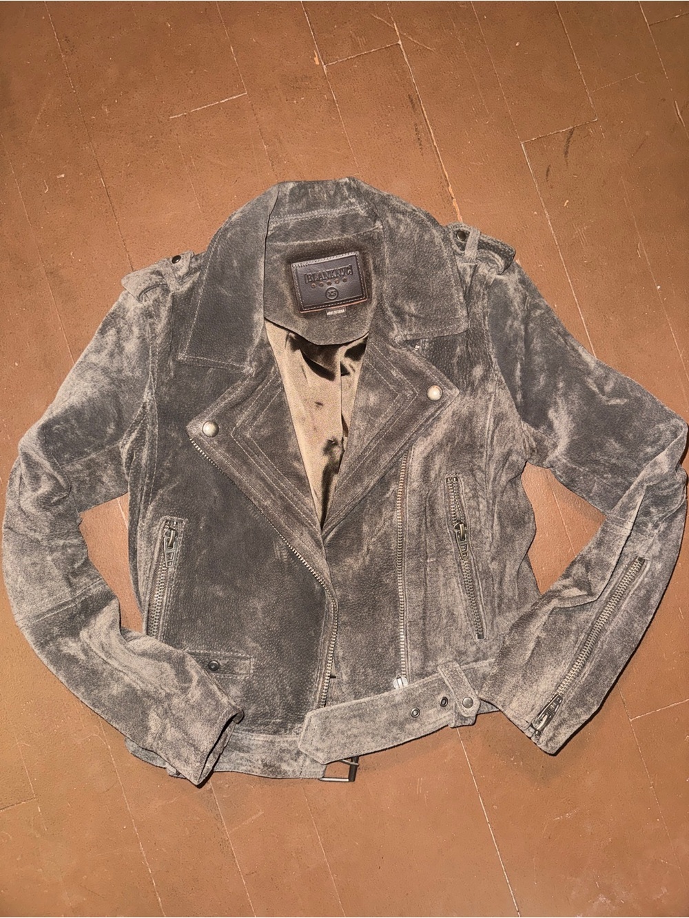 Blank NYC Gray Suede Moto Jacket with Belted Hem